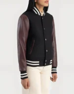 Julie Maroon & Black Hybrid Varsity Jacket for Women