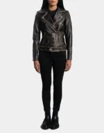 Rumy Distressed Brown Leather Biker Jacket for girls