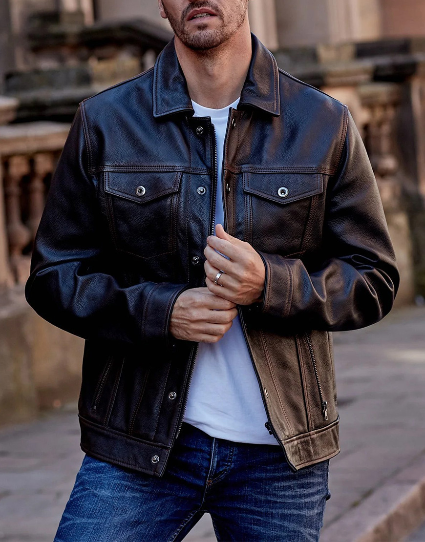 Elvis Men Antique Denim Style Leather Jacket